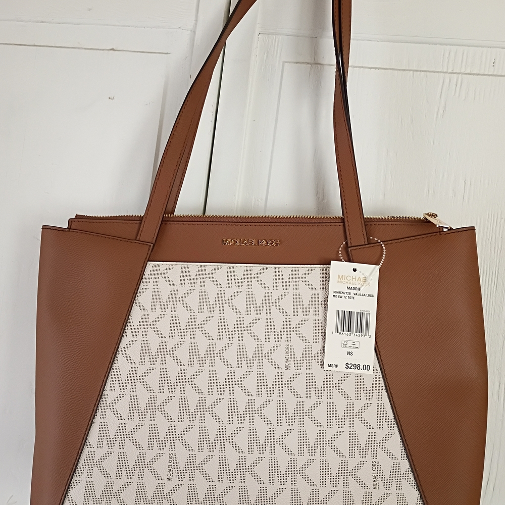 Michael Kors Tan and White Logo Tote